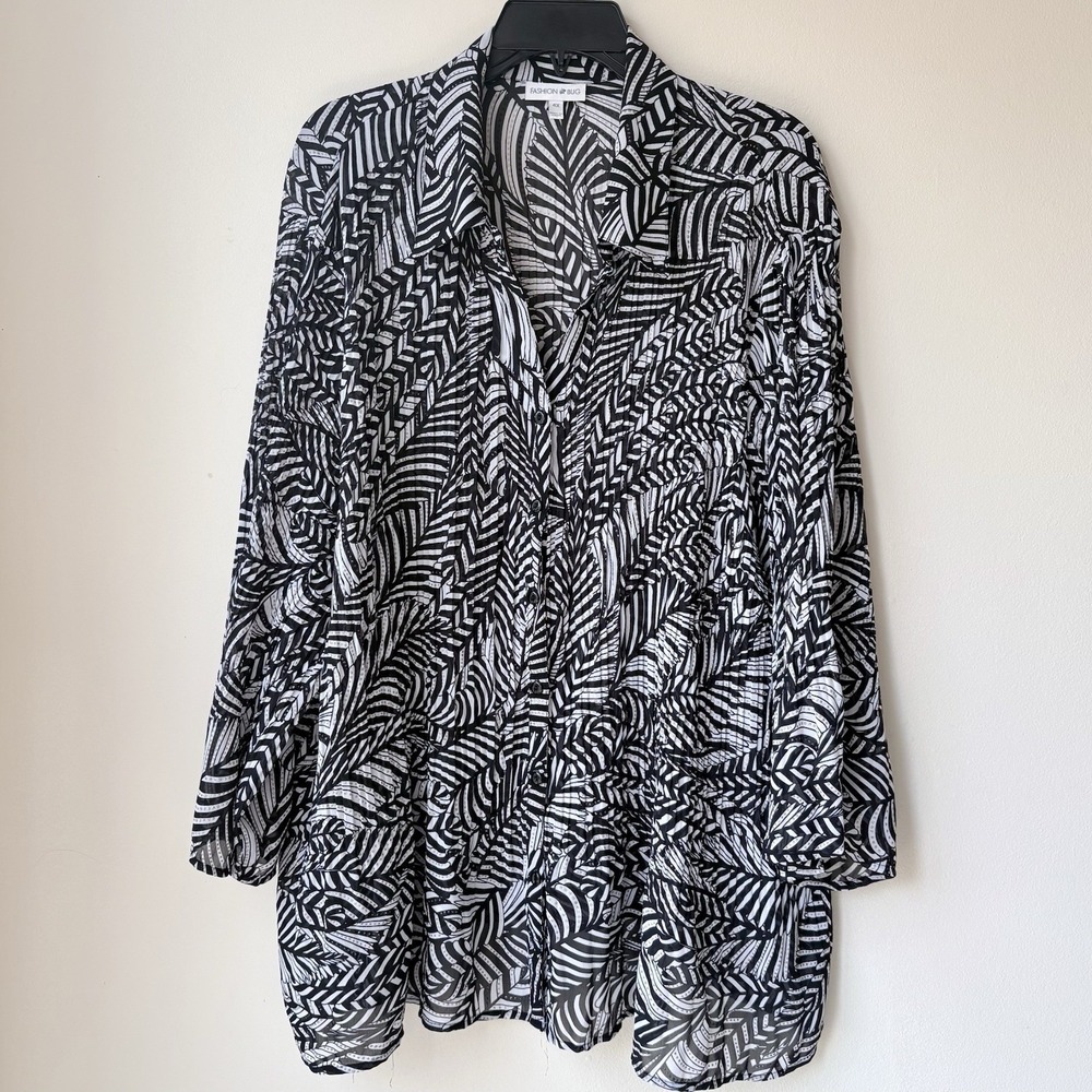 Fashion Bug Button Up Blouse 4X Black Gray Studded Party Office Lightweight